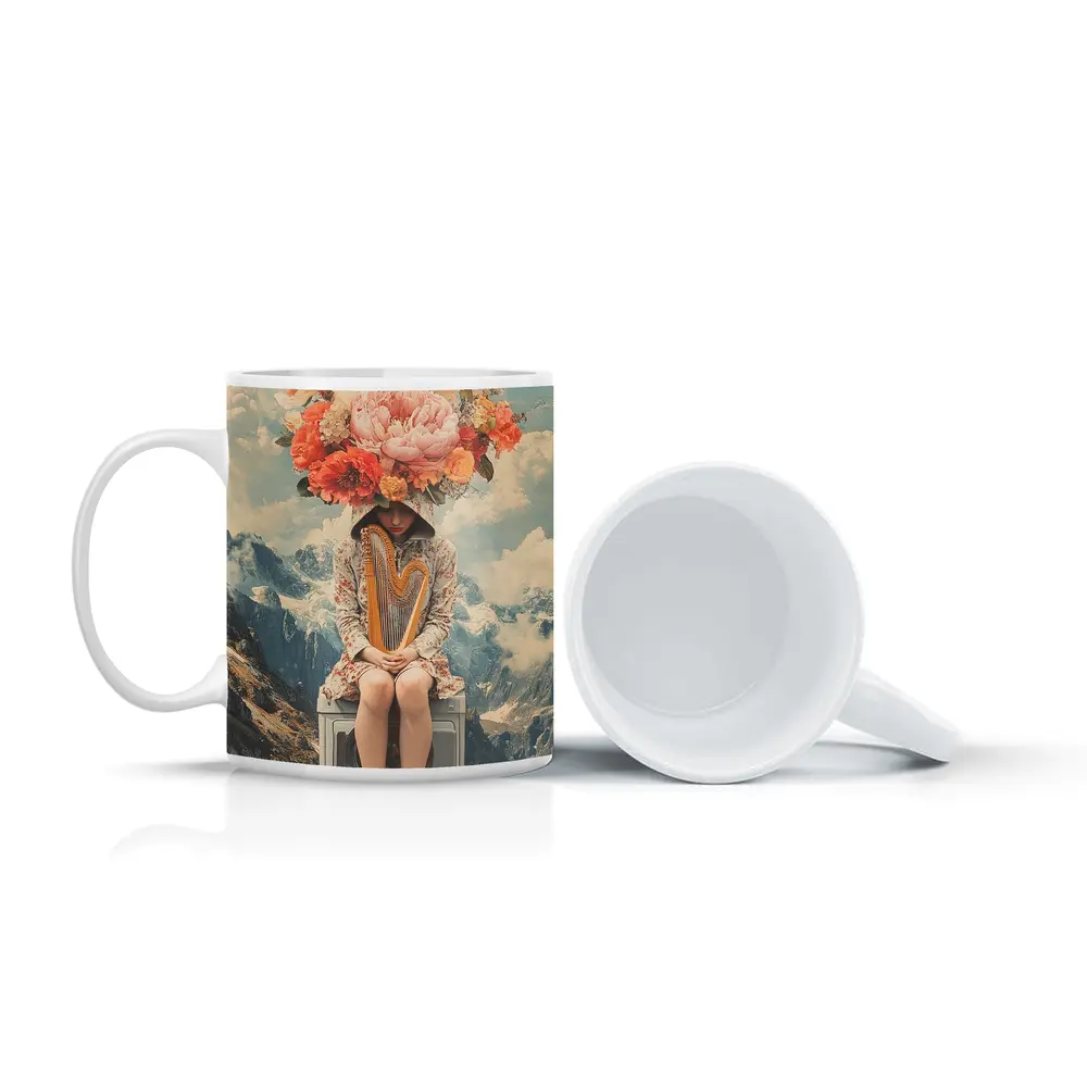 Floral Head Woman Harp Mountain Collage – Mugs