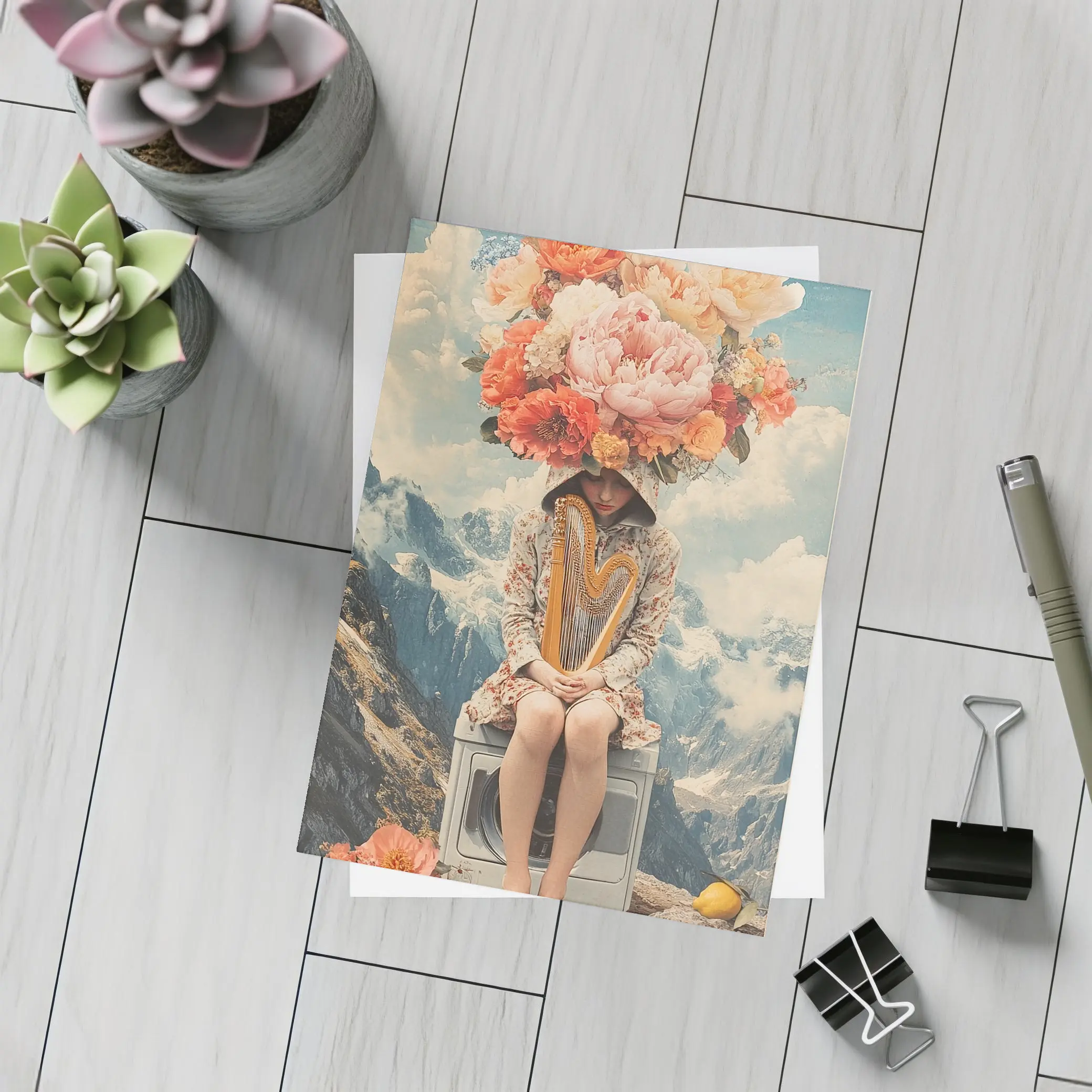 Floral Head Woman Harp Mountain Collage – Postcards