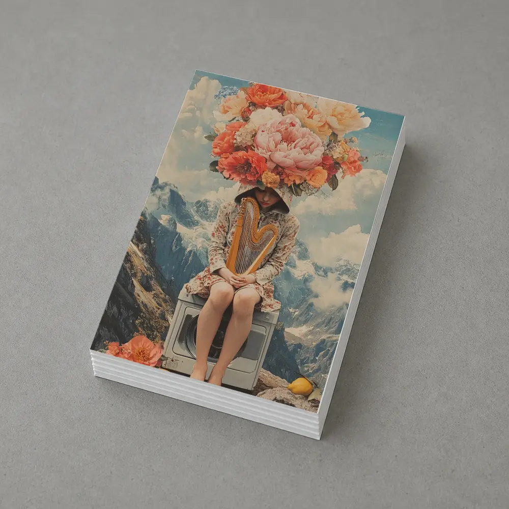 Floral Head Woman Harp Mountain Collage – Postcards