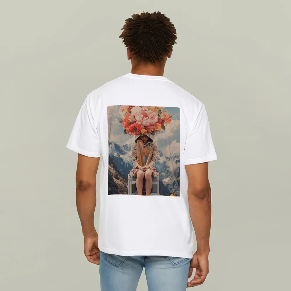 Floral Head Woman Harp Mountain Collage – T-Shirts