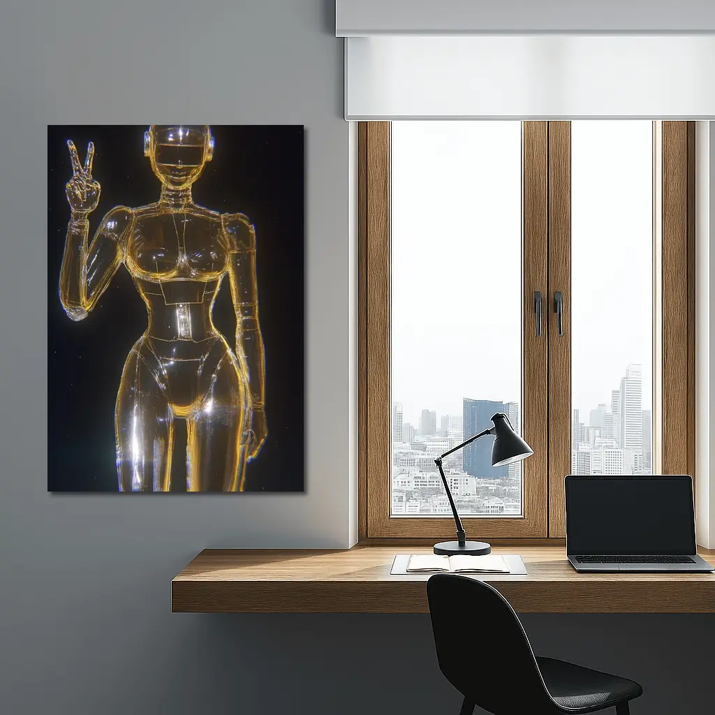Golden Glass Robot Woman Peace Sign – Wall Art