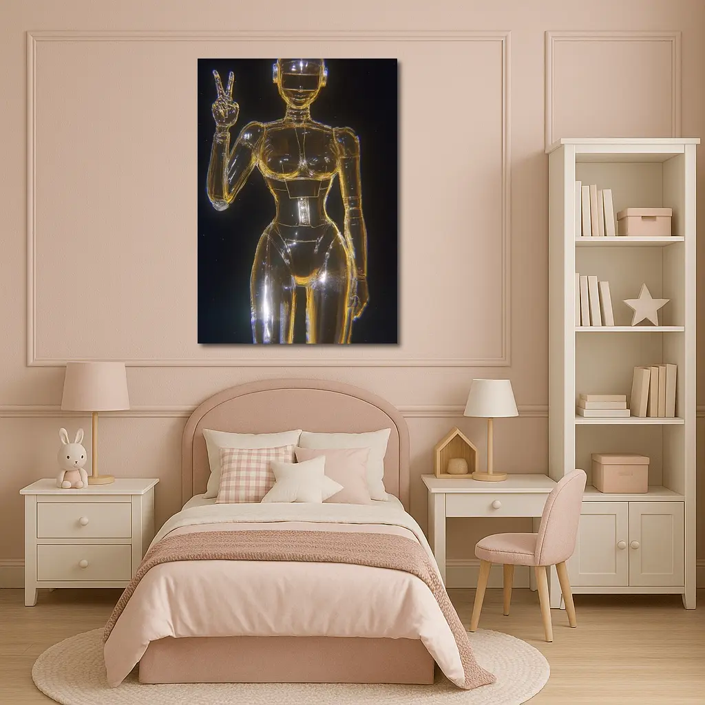 Golden Glass Robot Woman Peace Sign – Wall Art