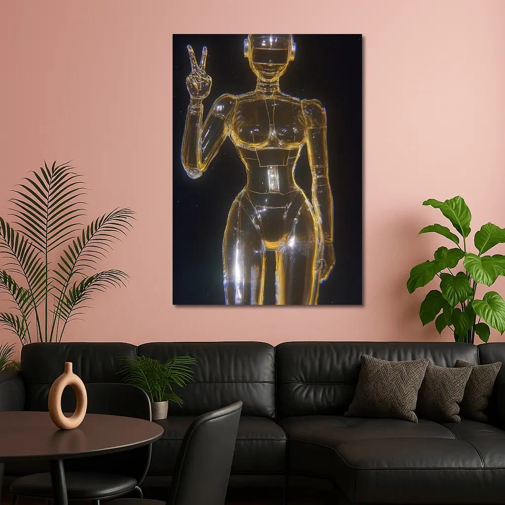 Golden Glass Robot Woman Peace Sign – Wall Art