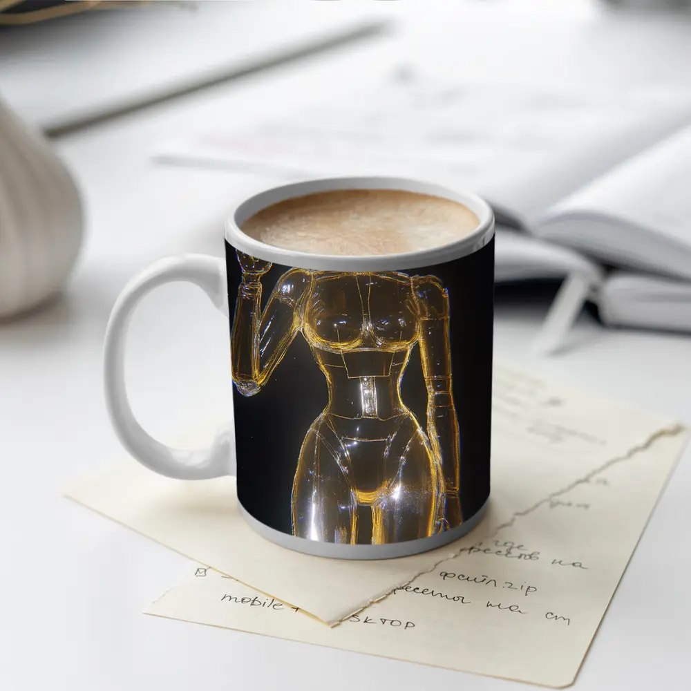 Golden Glass Robot Woman Peace Sign – Mugs