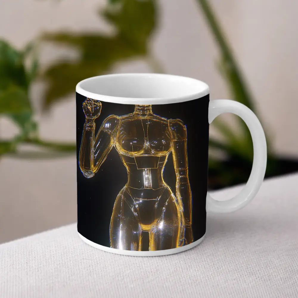 Golden Glass Robot Woman Peace Sign – Mugs
