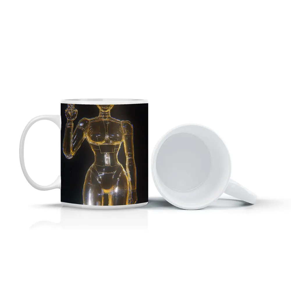 Golden Glass Robot Woman Peace Sign – Mugs