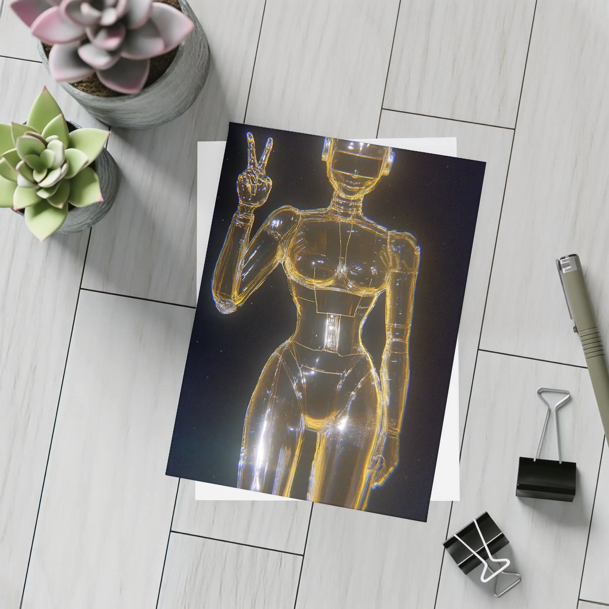 Golden Glass Robot Woman Peace Sign – Postcards