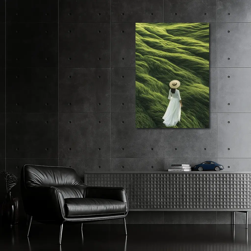 Woman White Dress Walking Green Grass Hills – Wall Art