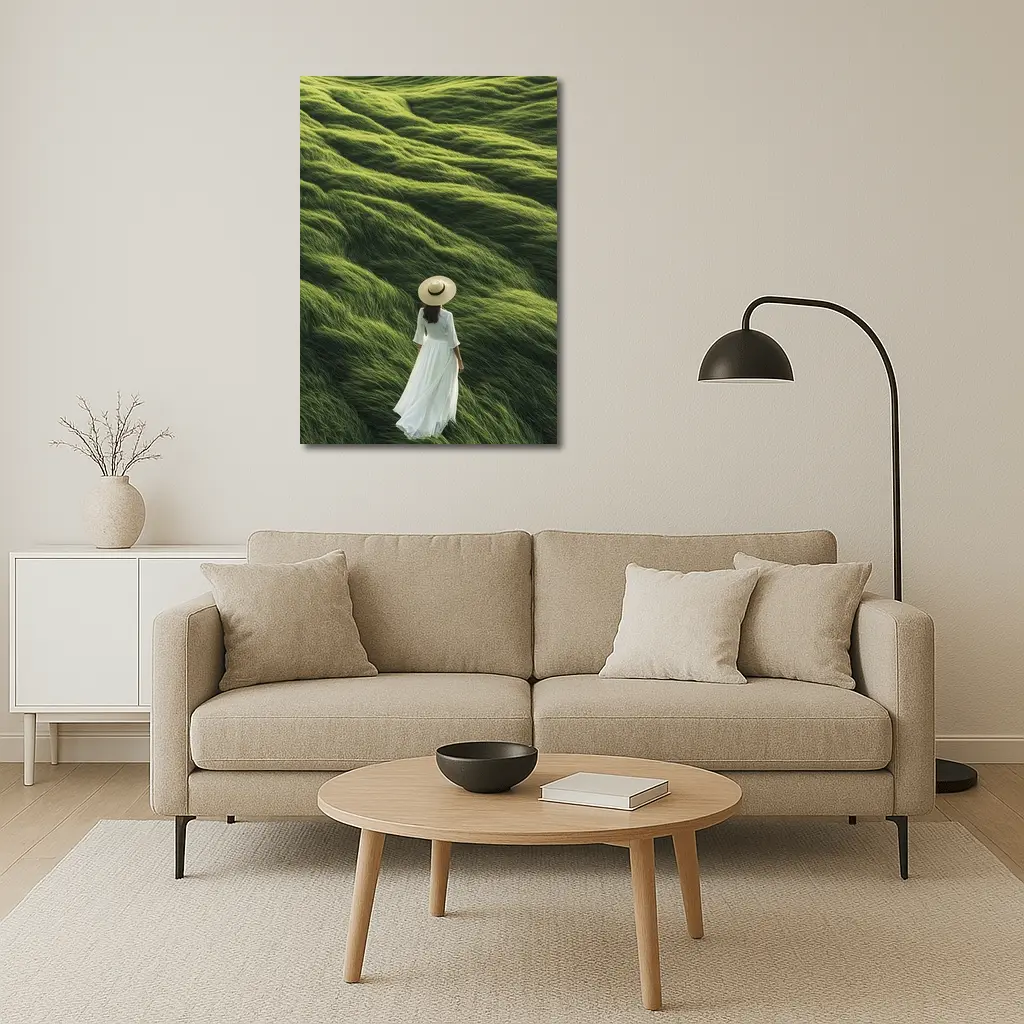 Woman White Dress Walking Green Grass Hills – Wall Art