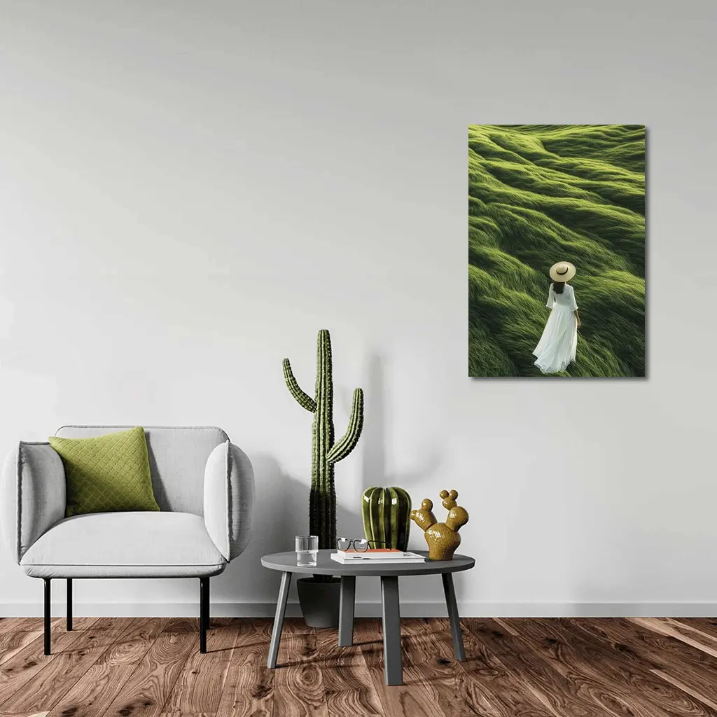 Woman White Dress Walking Green Grass Hills – Wall Art
