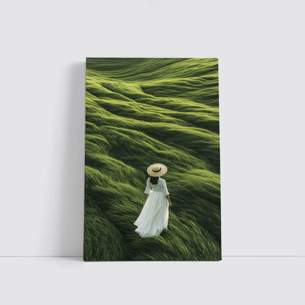 Woman White Dress Walking Green Grass Hills – Wall Art