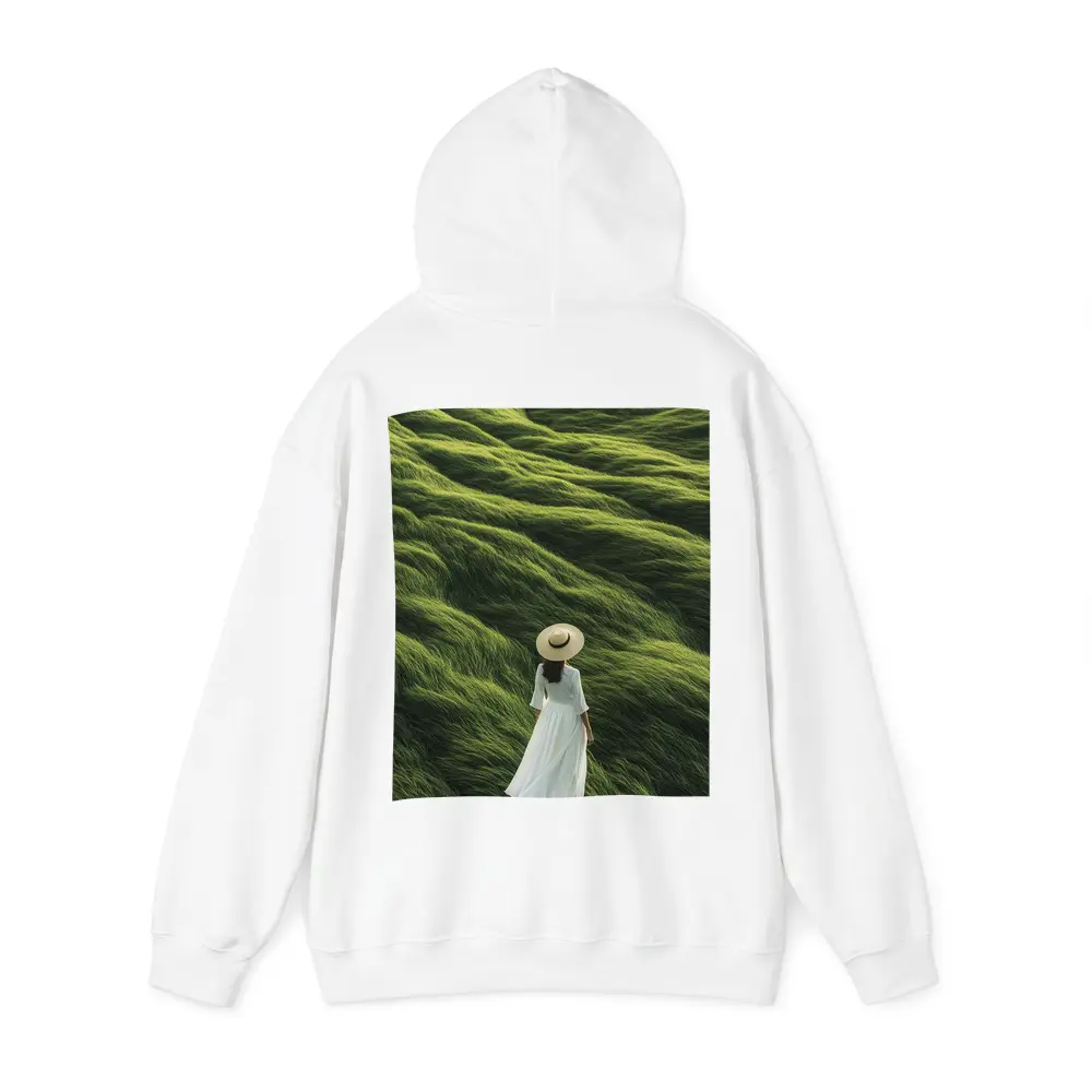 Woman White Dress Walking Green Grass Hills – Hoodies