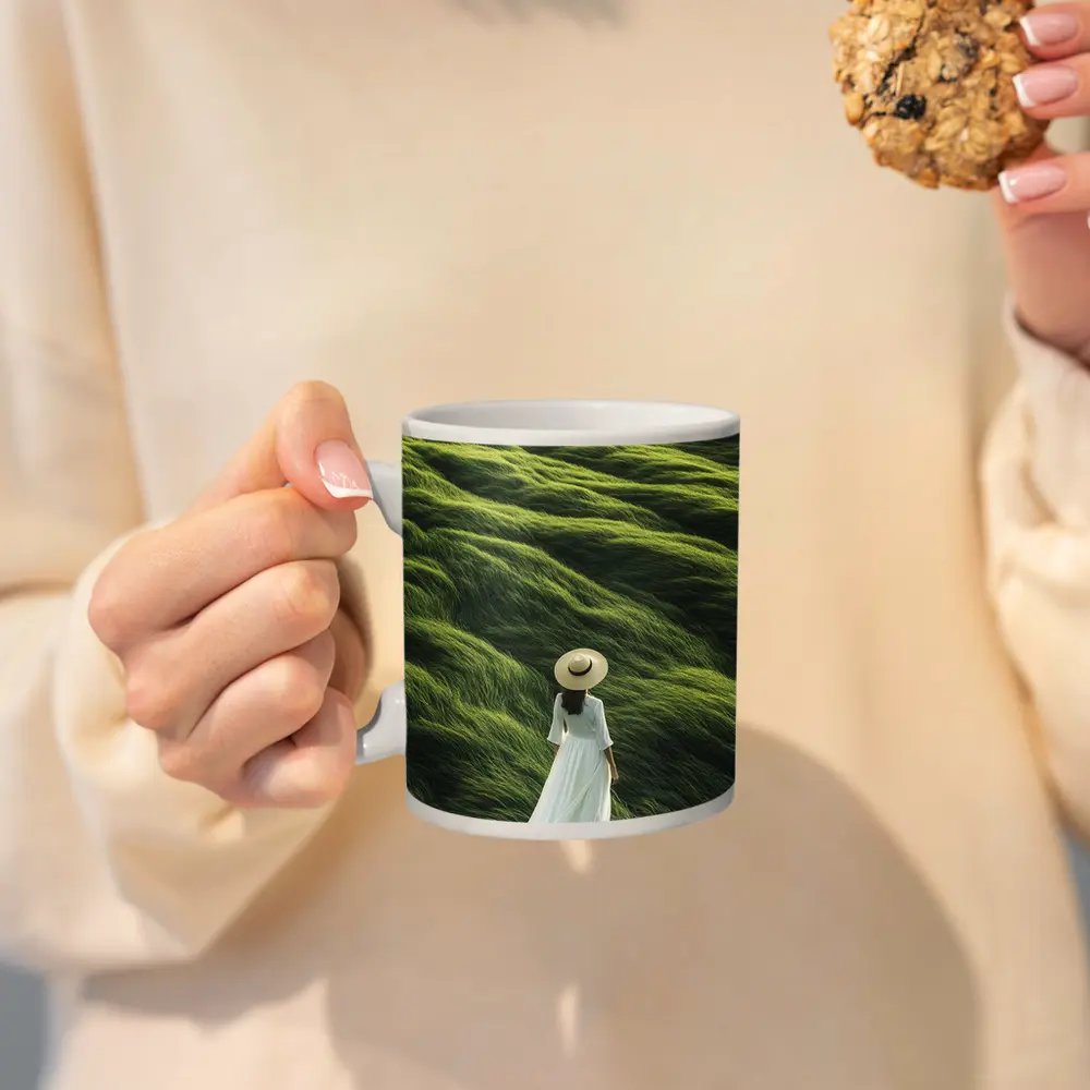 Woman White Dress Walking Green Grass Hills – Mugs