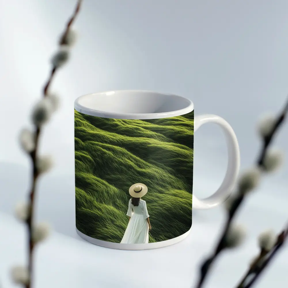 Woman White Dress Walking Green Grass Hills – Mugs
