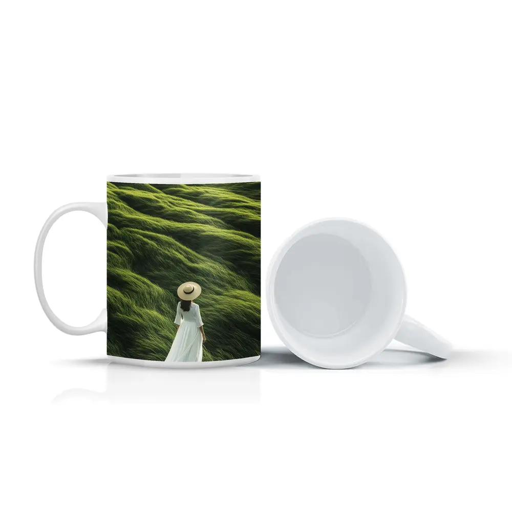 Woman White Dress Walking Green Grass Hills – Mugs