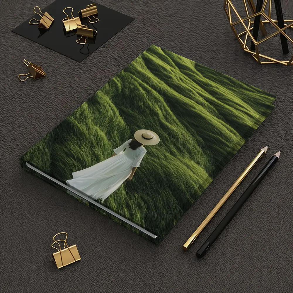Woman White Dress Walking Green Grass Hills – Notebooks