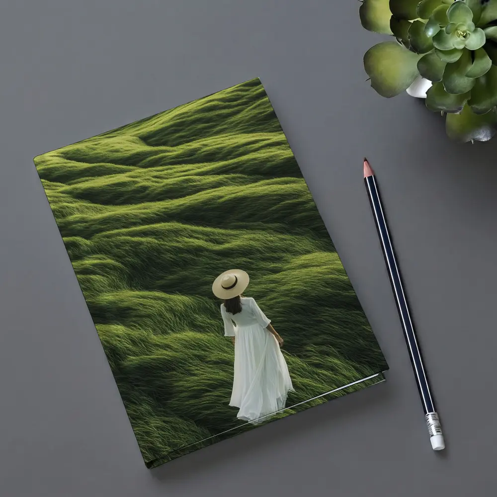 Woman White Dress Walking Green Grass Hills – Notebooks