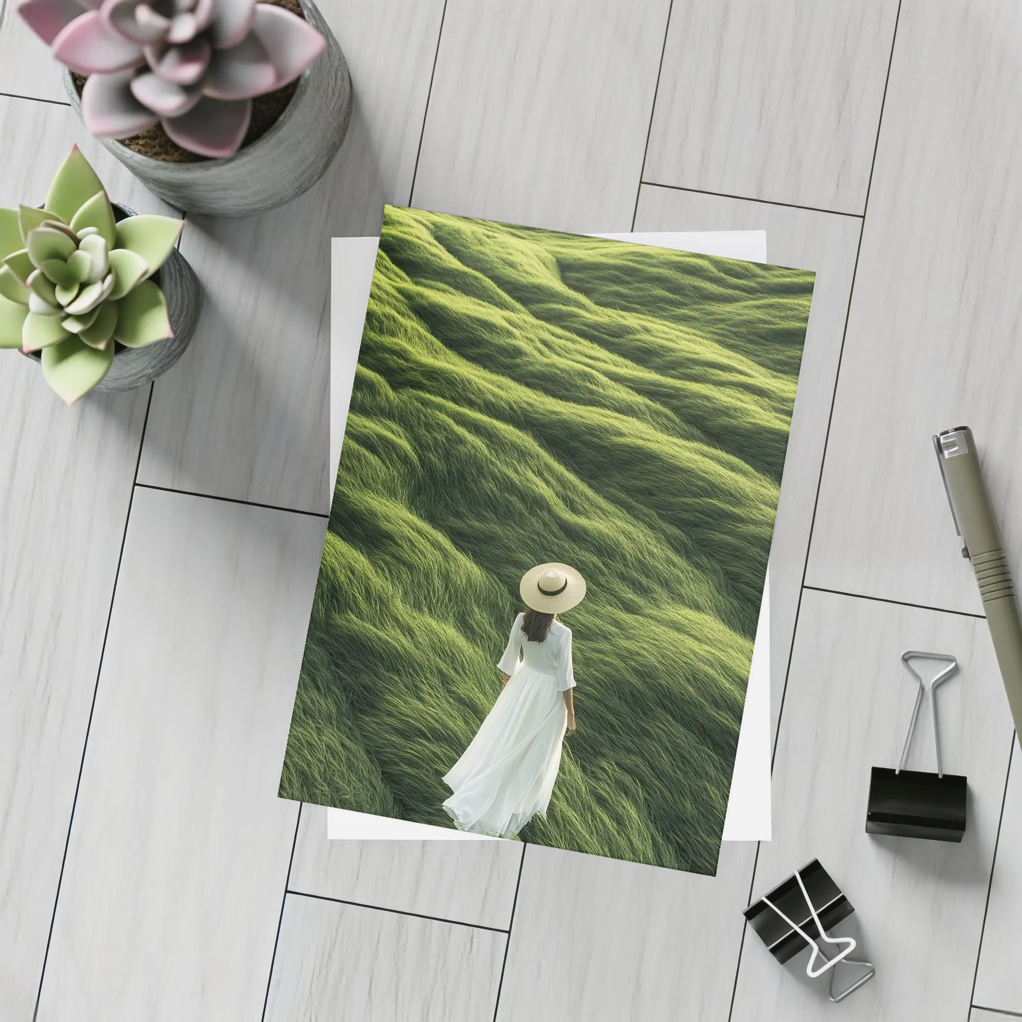 Woman White Dress Walking Green Grass Hills – Postcards