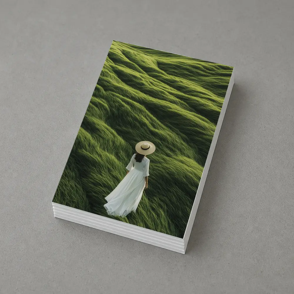 Woman White Dress Walking Green Grass Hills – Postcards