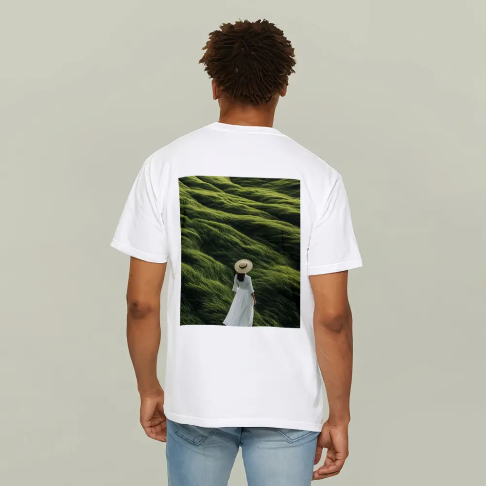 Woman White Dress Walking Green Grass Hills – T-Shirts