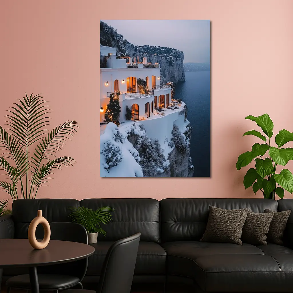 White Cliffside Villa Snowy Winter Sea View – Wall Art