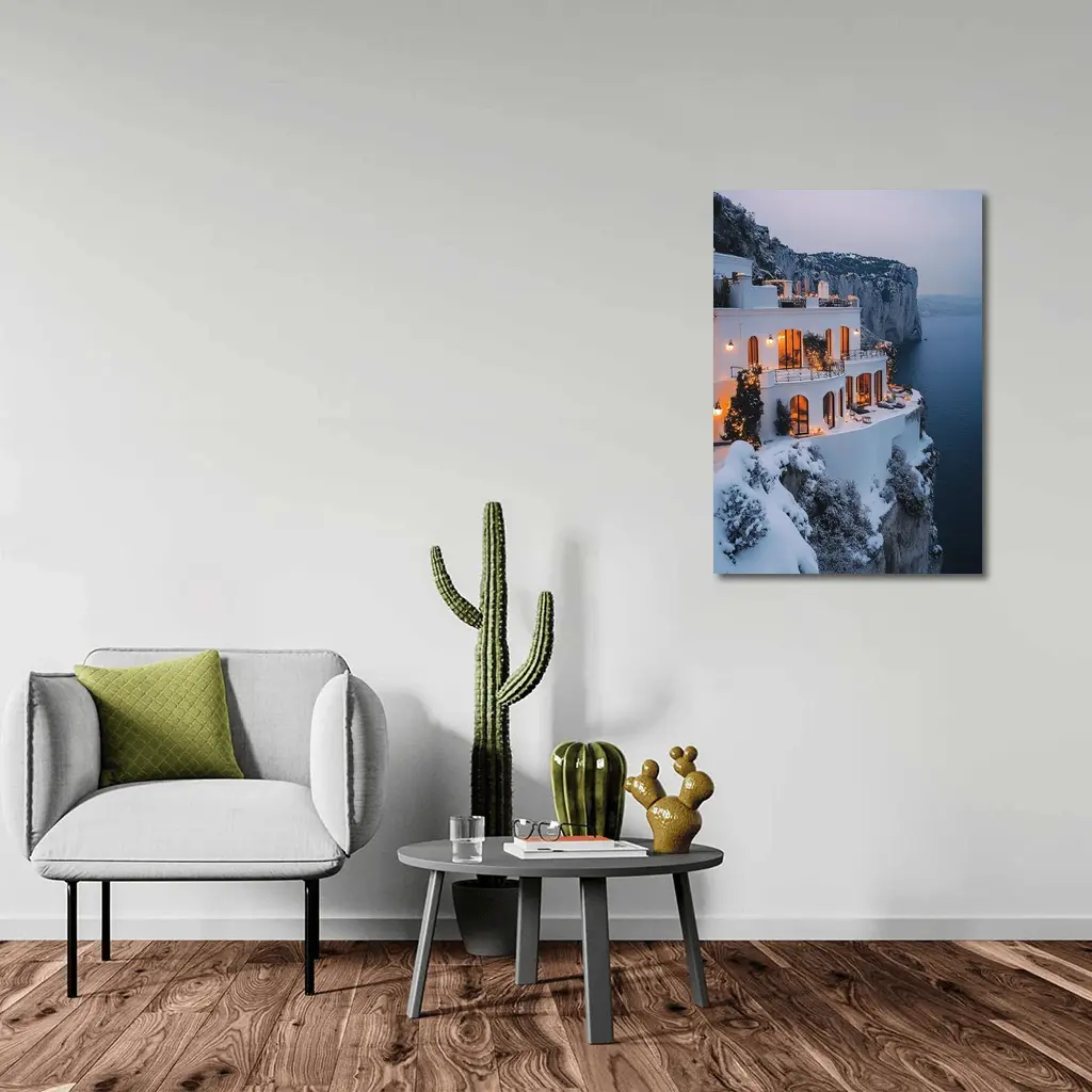White Cliffside Villa Snowy Winter Sea View – Wall Art