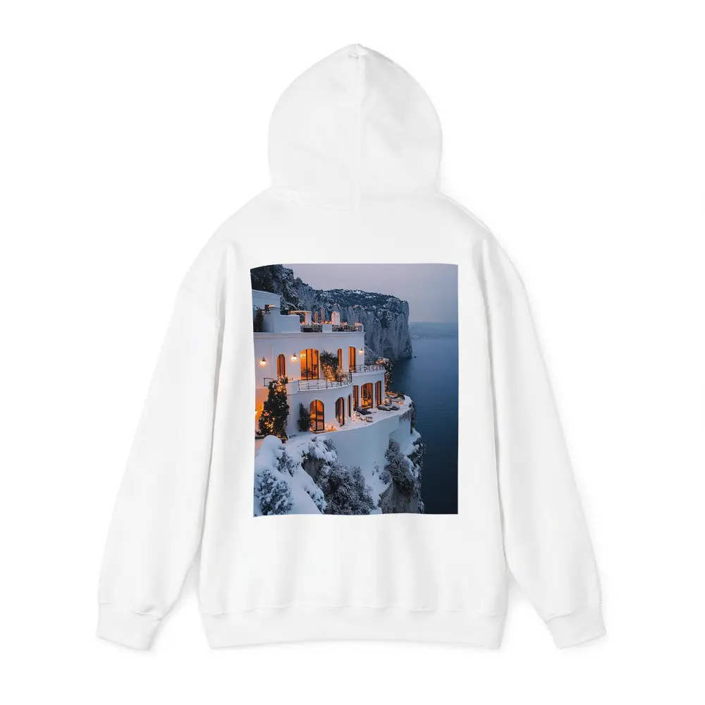 White Cliffside Villa Snowy Winter Sea View – Hoodies