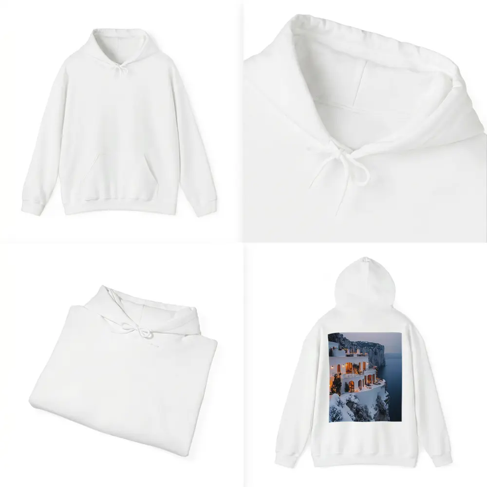 White Cliffside Villa Snowy Winter Sea View – Hoodies