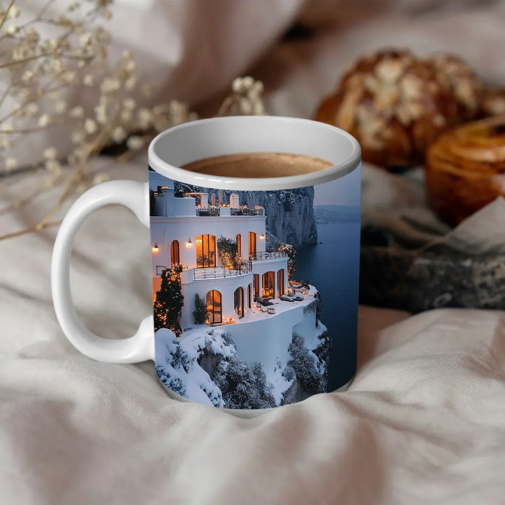 White Cliffside Villa Snowy Winter Sea View – Mugs