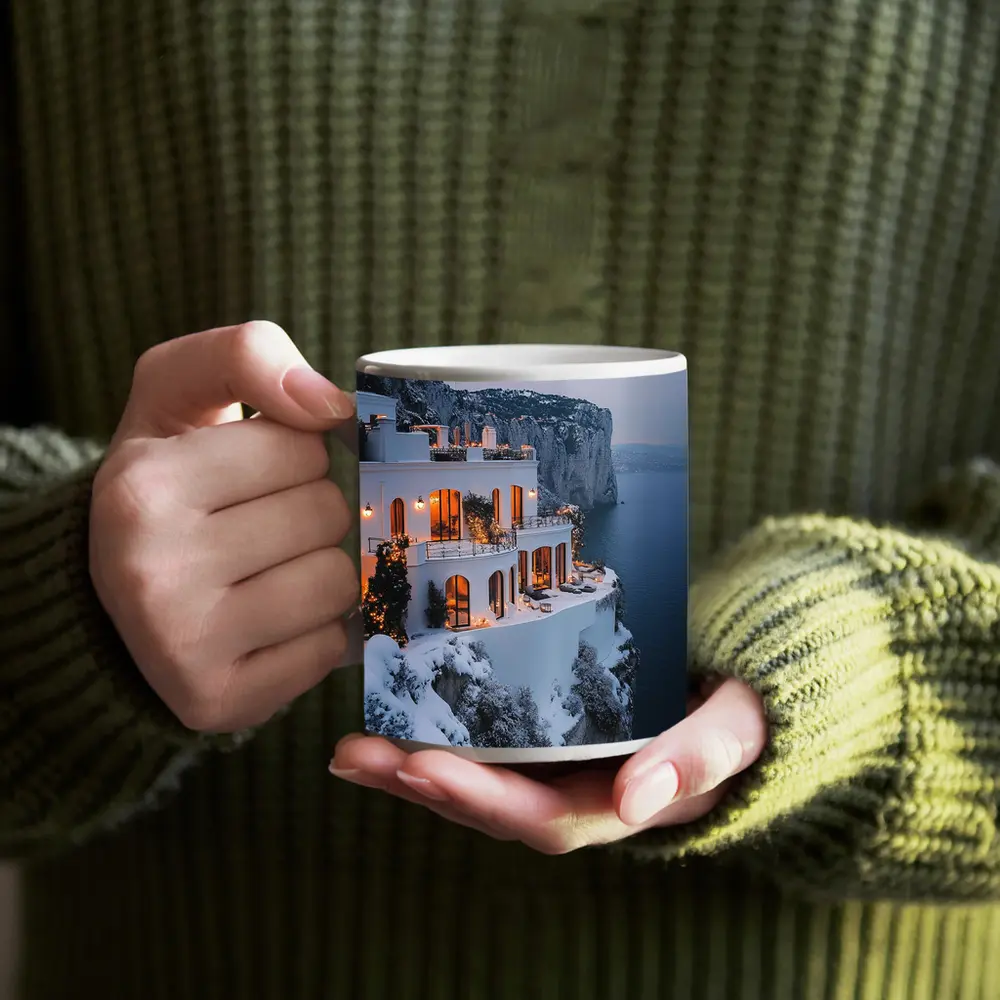 White Cliffside Villa Snowy Winter Sea View – Mugs