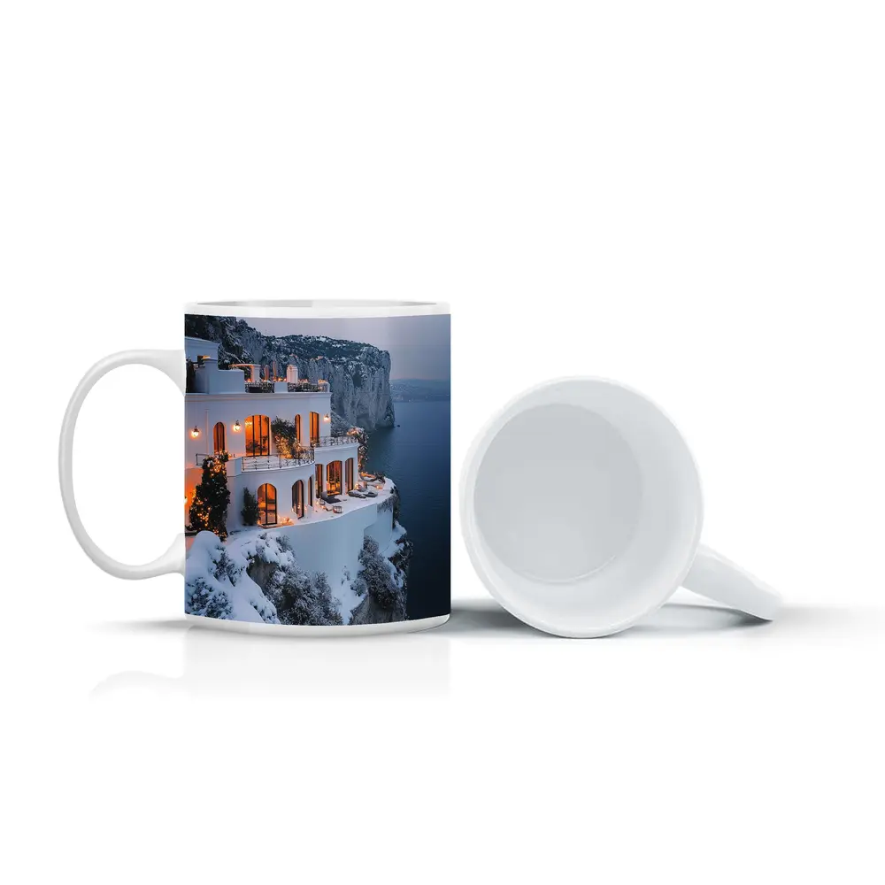 White Cliffside Villa Snowy Winter Sea View – Mugs