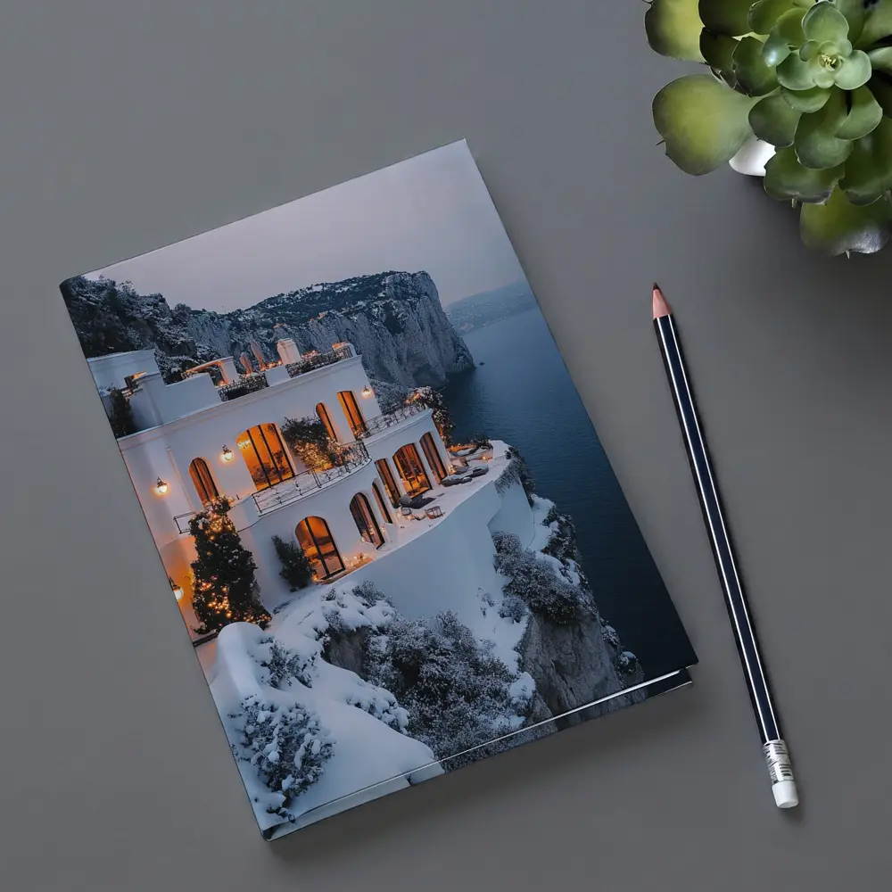 White Cliffside Villa Snowy Winter Sea View – Notebooks