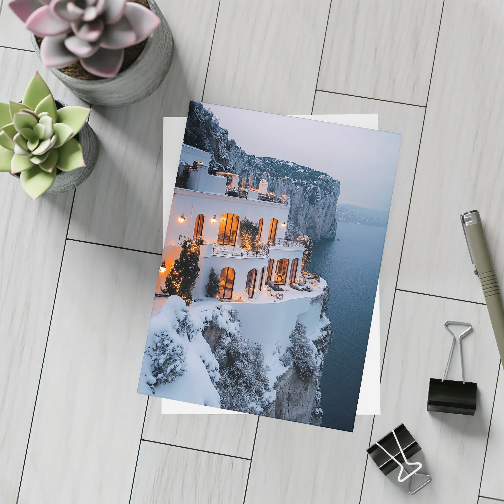 White Cliffside Villa Snowy Winter Sea View – Postcards