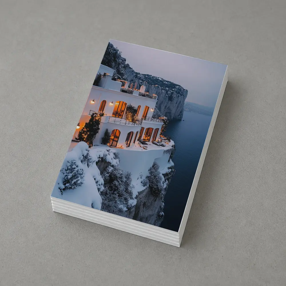 White Cliffside Villa Snowy Winter Sea View – Postcards