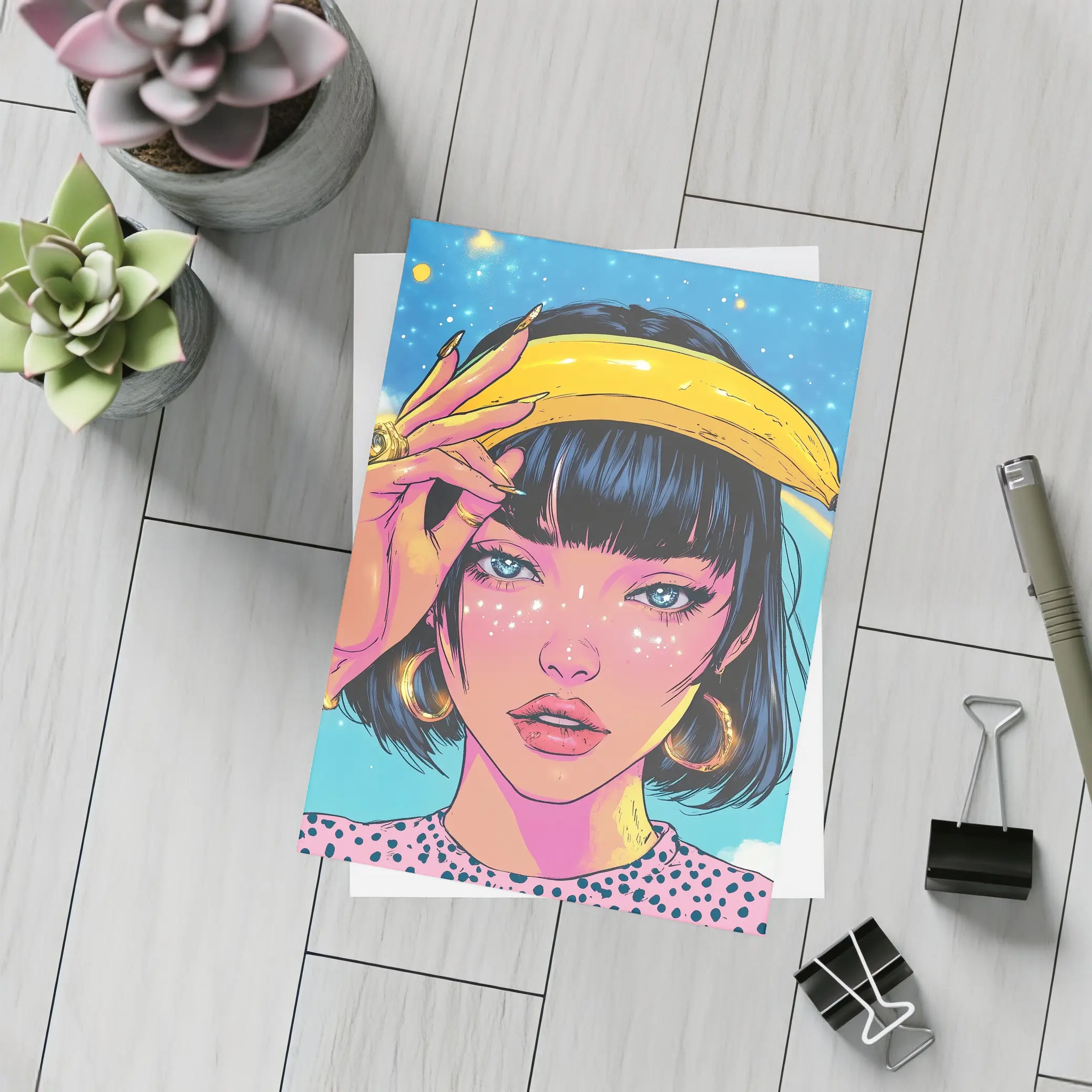 Anime Girl Banana Hat Starry Sky Background – Postcards