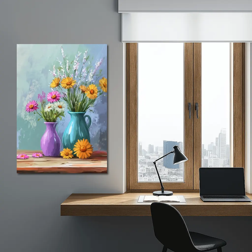 Daisies and Wildflowers in Colorful Vases – Wall Art