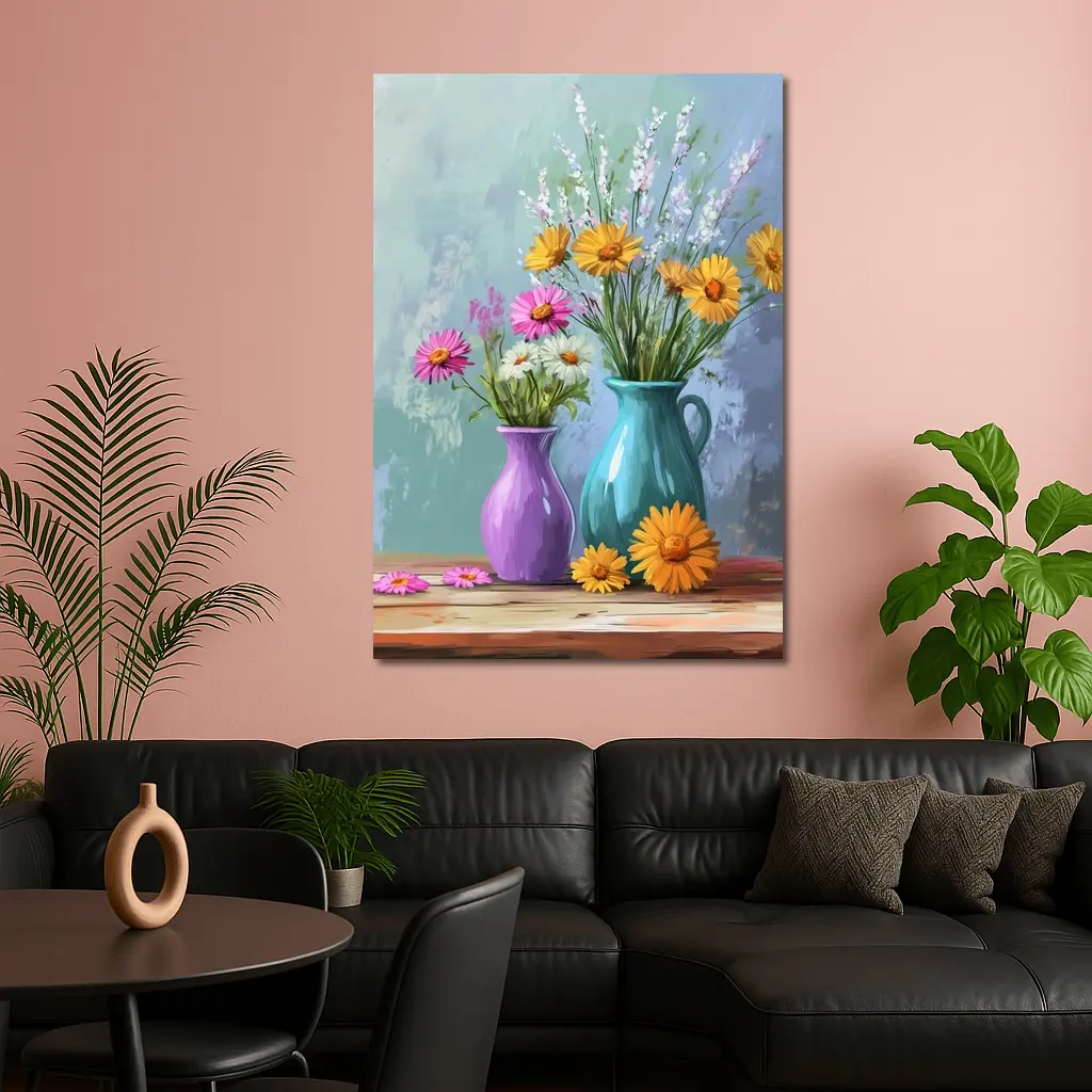 Daisies and Wildflowers in Colorful Vases – Wall Art