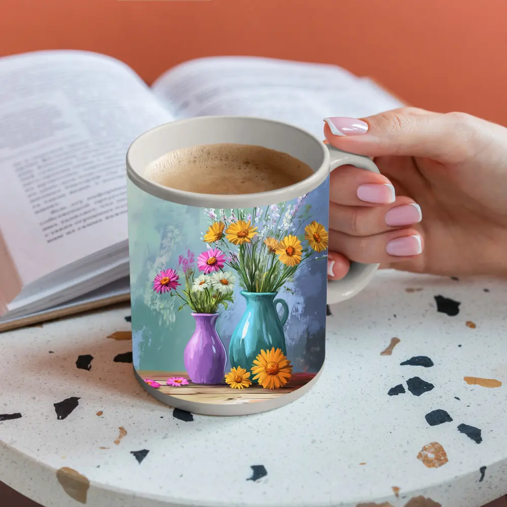 Daisies and Wildflowers in Colorful Vases – Mugs