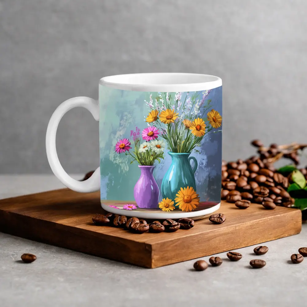 Daisies and Wildflowers in Colorful Vases – Mugs