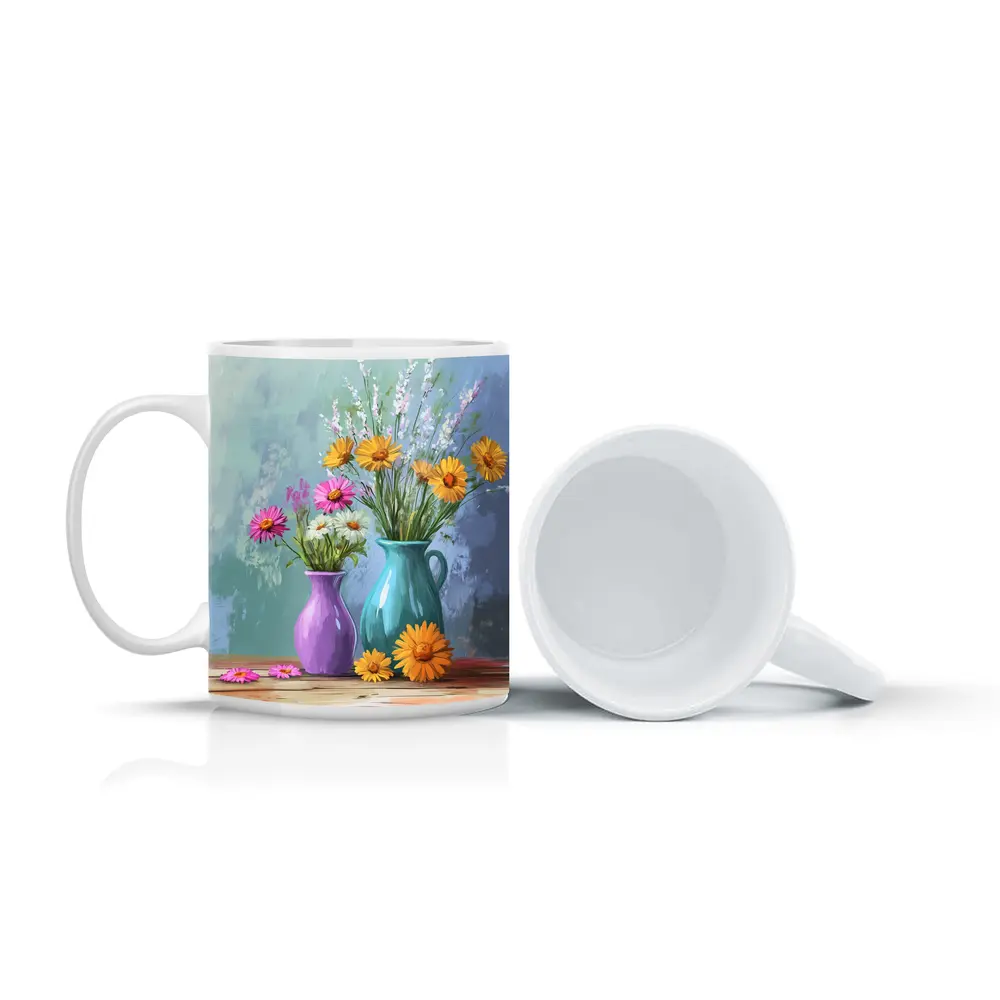 Daisies and Wildflowers in Colorful Vases – Mugs