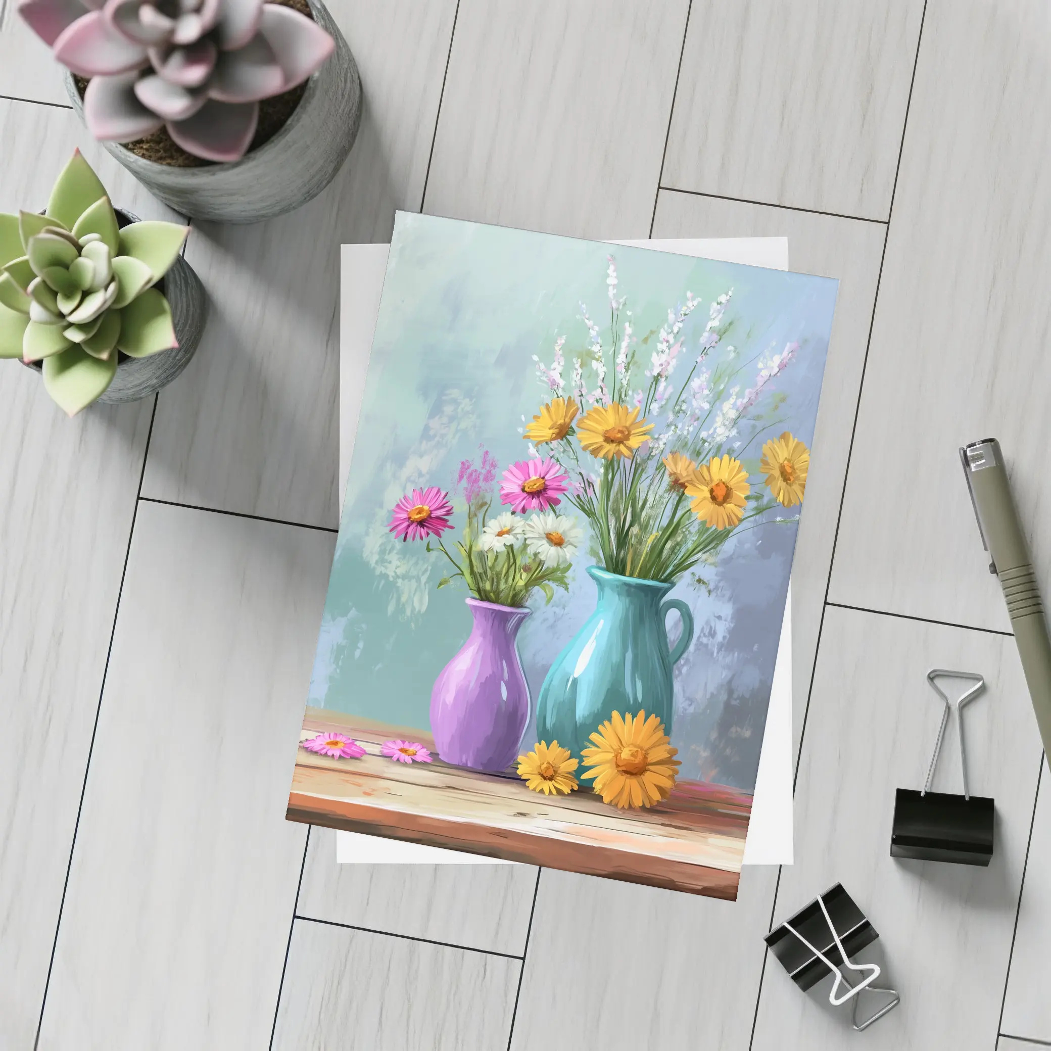 Daisies and Wildflowers in Colorful Vases – Postcards
