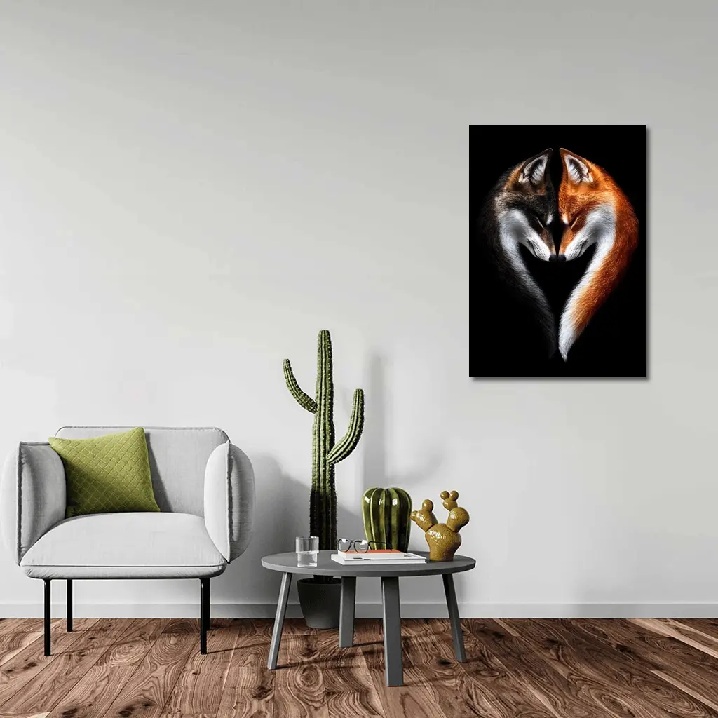 Two Foxes Heart Shape Black Background – Wall Art