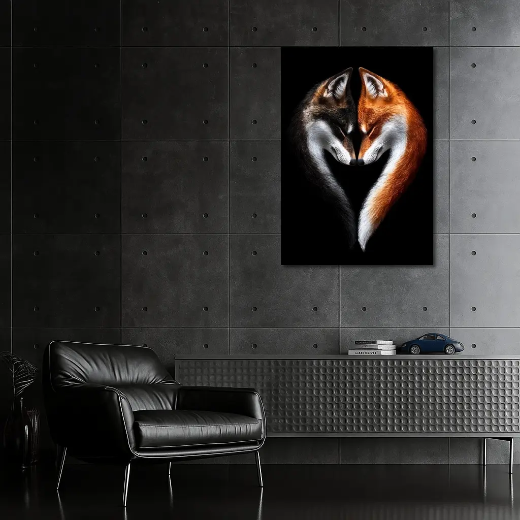 Two Foxes Heart Shape Black Background – Wall Art