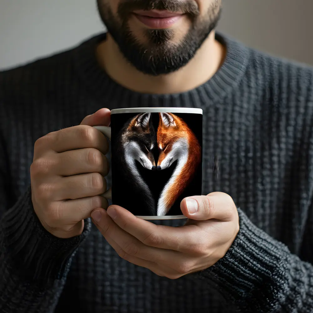 Two Foxes Heart Shape Black Background – Mugs