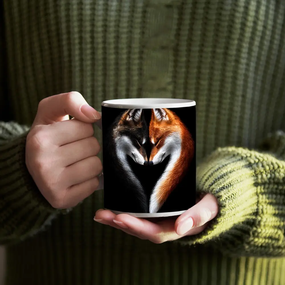 Two Foxes Heart Shape Black Background – Mugs