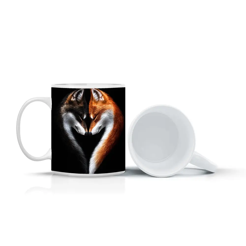 Two Foxes Heart Shape Black Background – Mugs