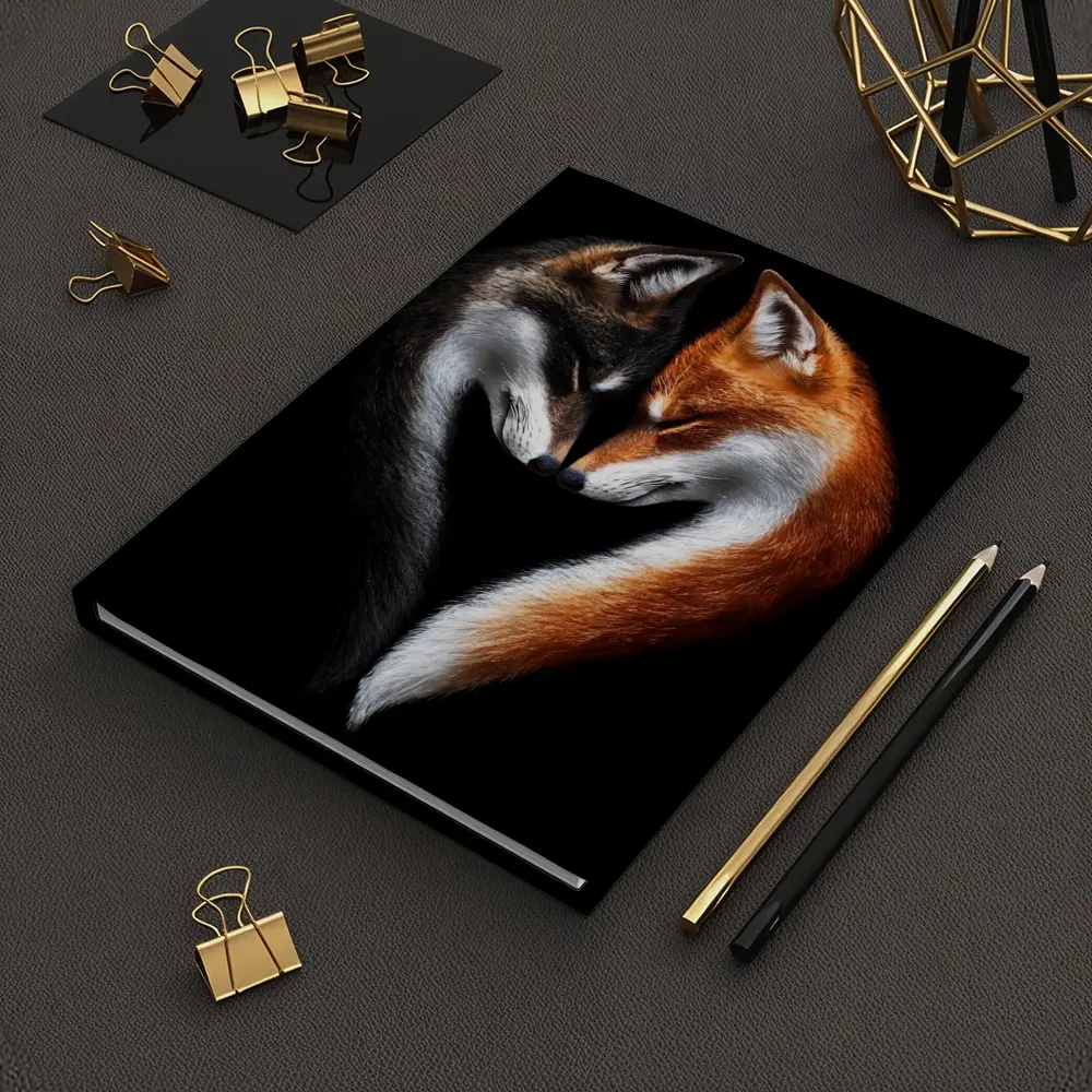 Two Foxes Heart Shape Black Background – Notebooks
