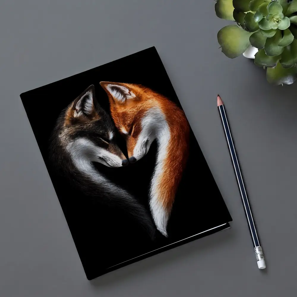 Two Foxes Heart Shape Black Background – Notebooks
