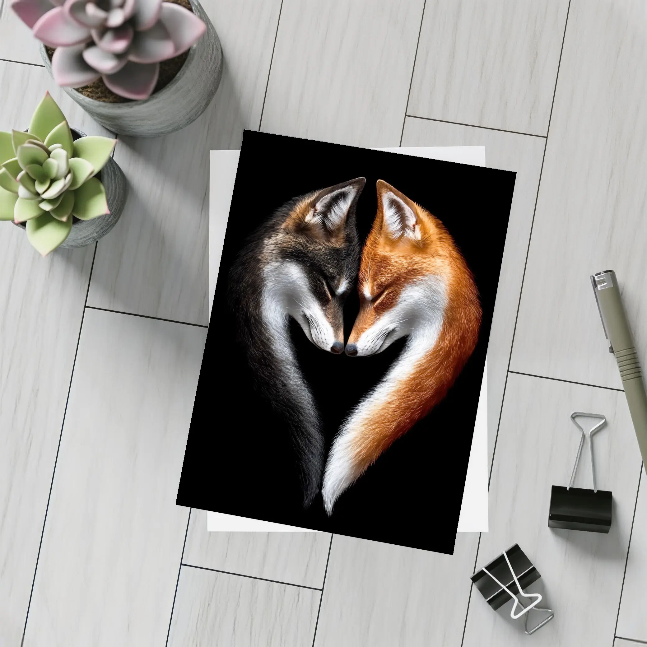 Two Foxes Heart Shape Black Background – Postcards