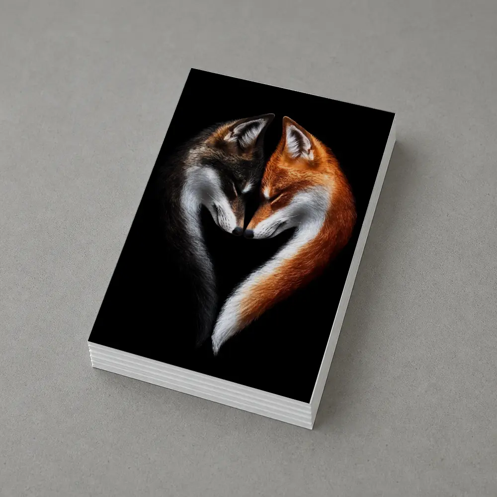 Two Foxes Heart Shape Black Background – Postcards